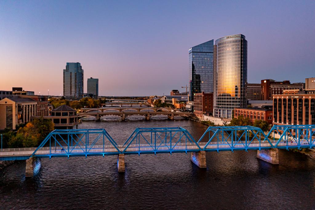 Reflection Skyline and CloseUp of Blue Bridge Grand Rapids