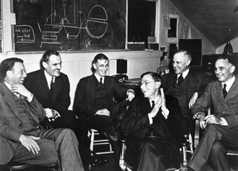 A 1940 meeting at Berkeley with (from left to right) Ernest O. Lawrence, Arthur H. Compton, Vannevar Bush, James B. Conant, Karl T. Compton, and Alfred L. Loomis
